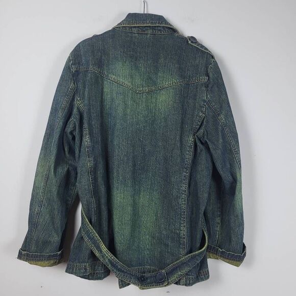 Mudd Jeans Vintage 2000s Womens Large Denim Jacket Blue Belted Waist Patches - Picture 2 of 8